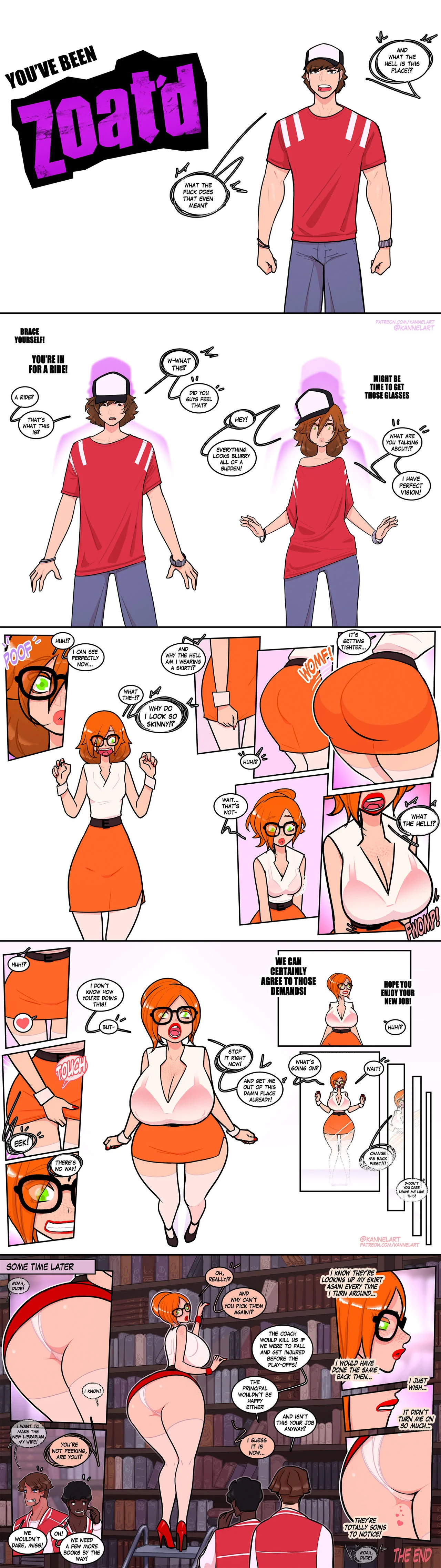 TF comic: a guy gets ZOAT'd into a busty orange-haired librarian with a fat ass and heart freckles.