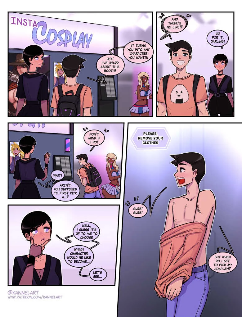 Comic: a convention booth transforms two guys into girl cosplay characters.