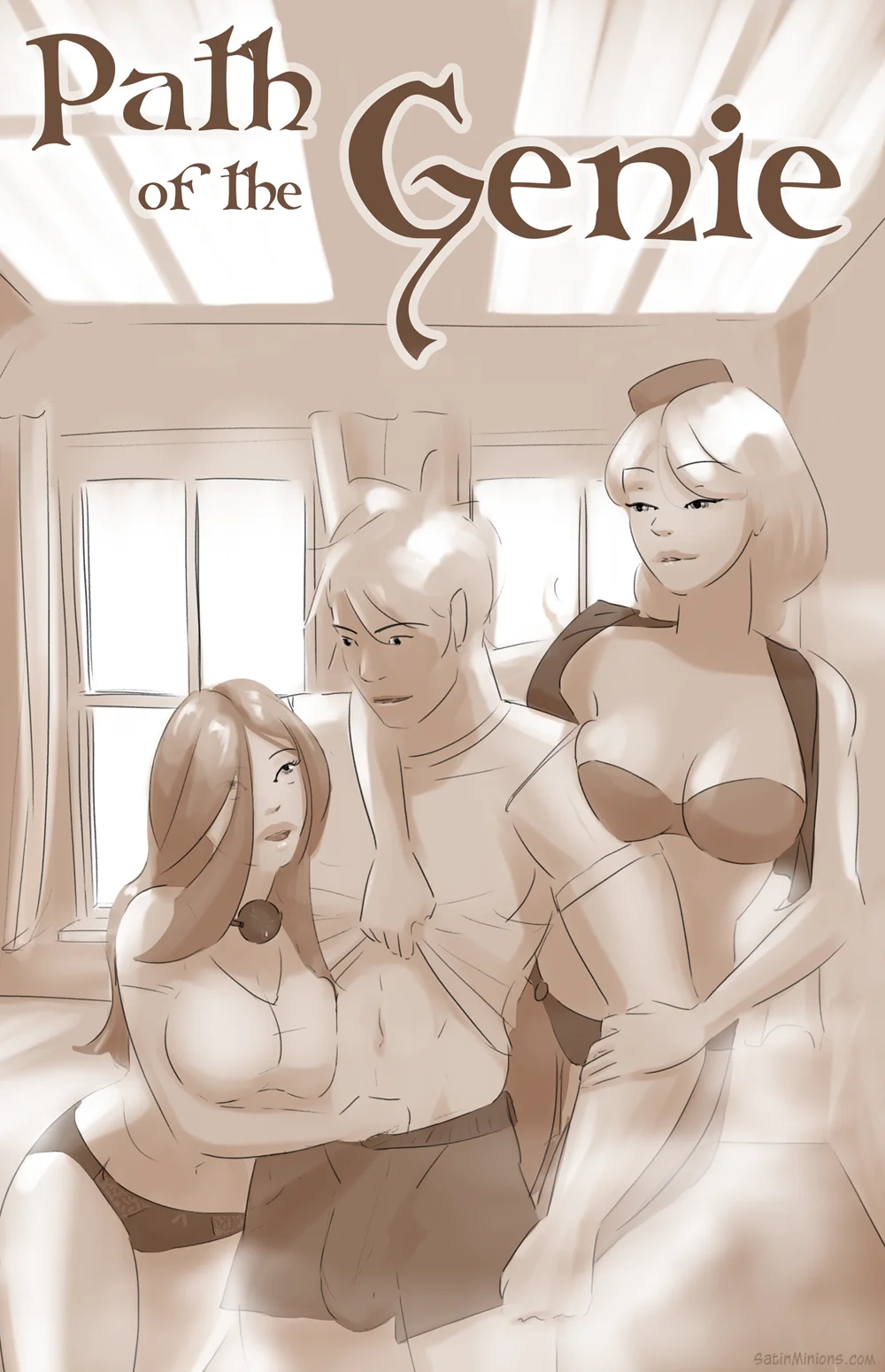 Cover: man between two women under Path of the Genie title, Satin Minions comic.