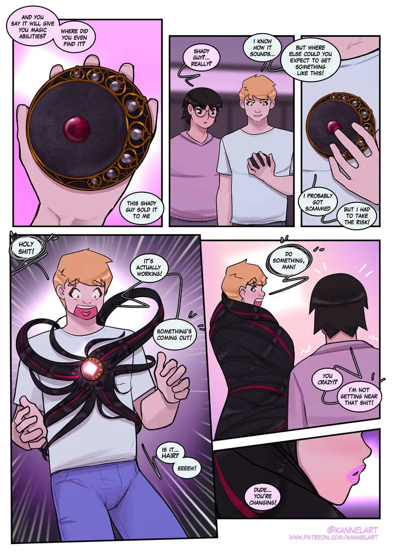 Comic: a cursed amulet transforms two guy friends into girls.