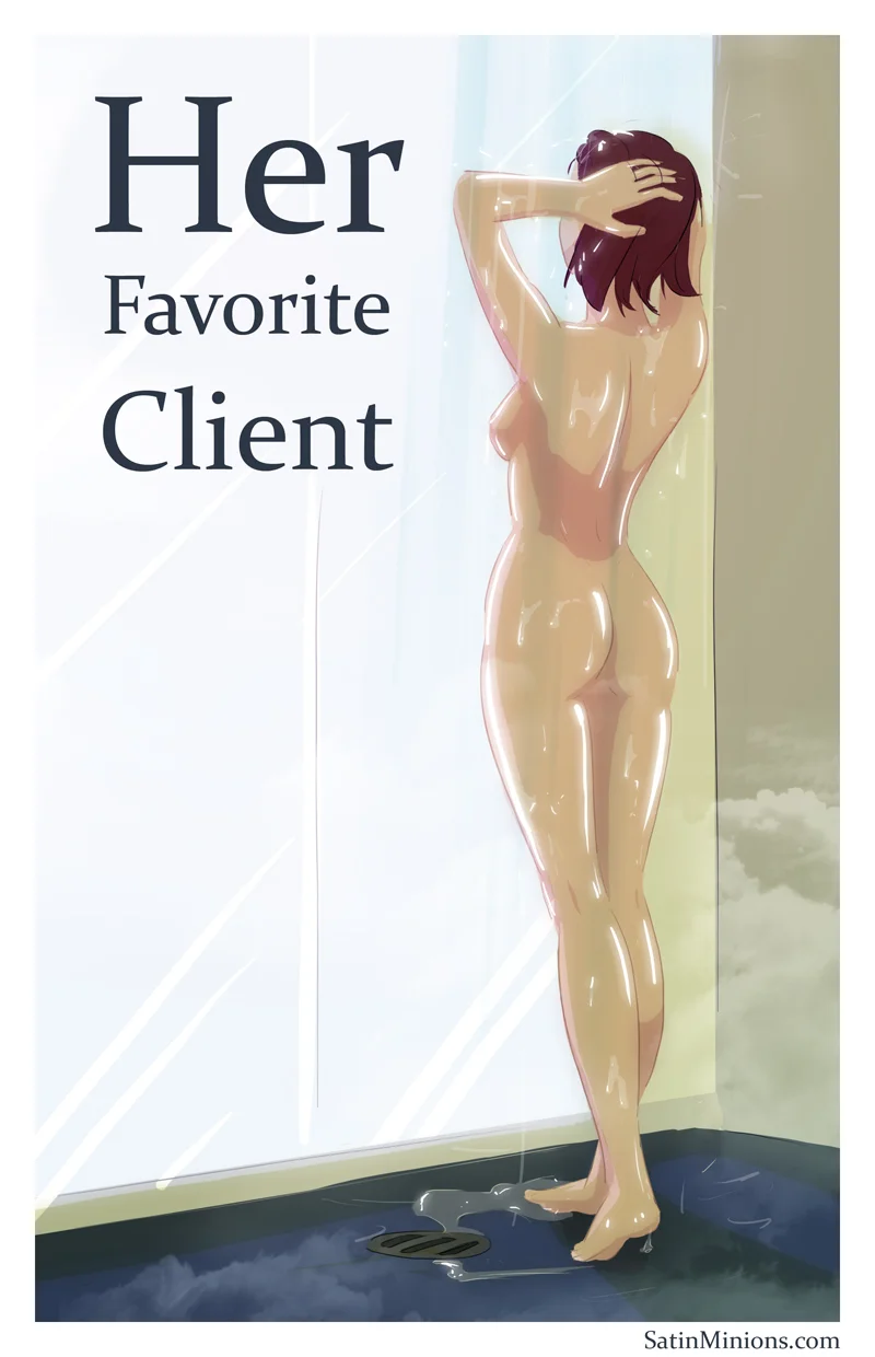 Cover: nude woman showering from behind for Satin Minions comic Her Favorite Client.