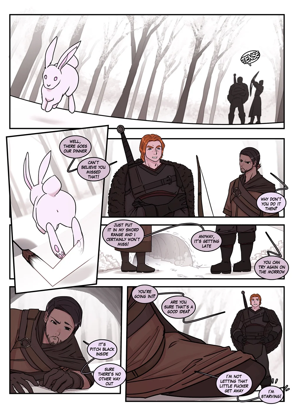 Comic: a hunter falls through a rabbit hole and becomes a nude dark-skinned bunny girl.