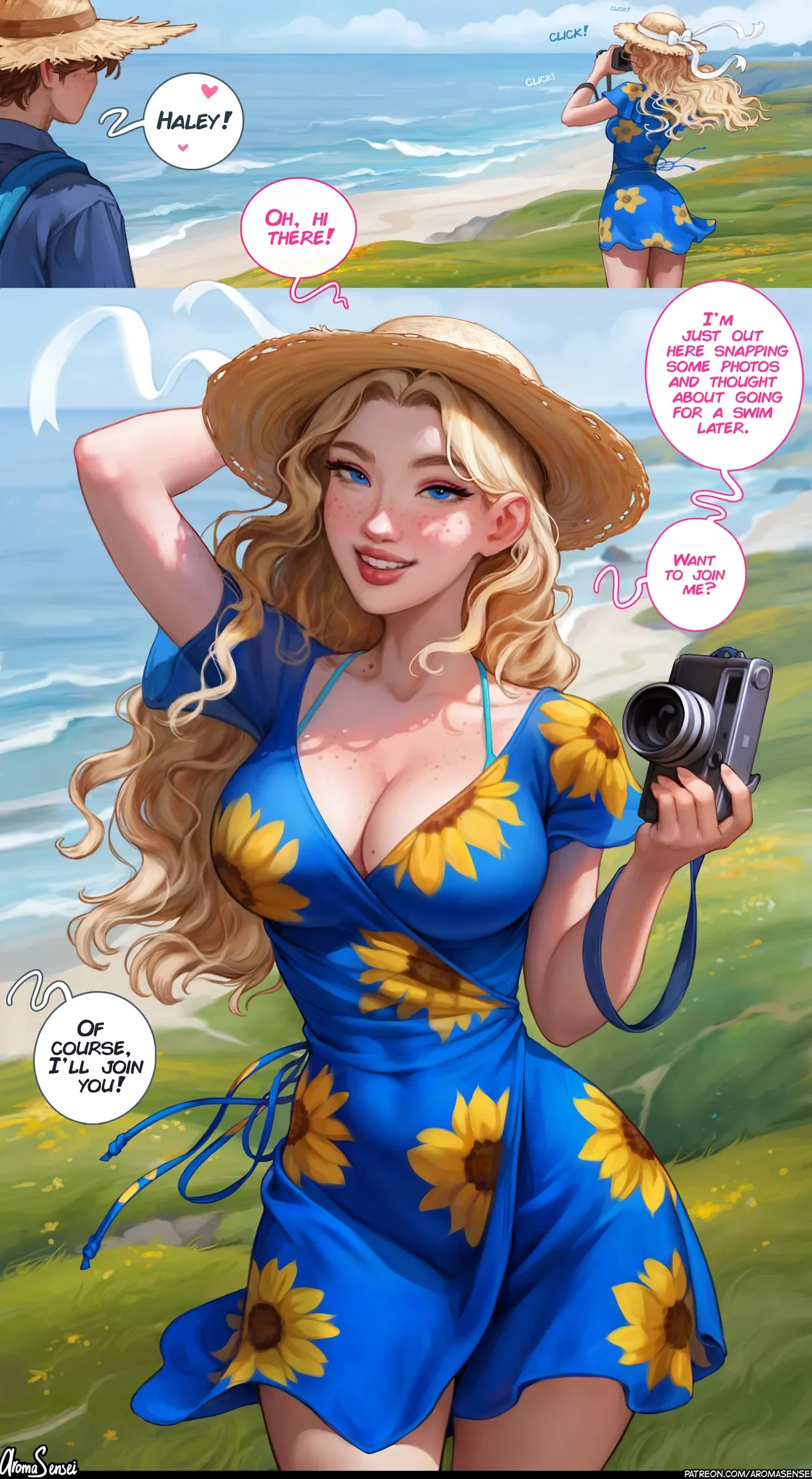 Stardew Valley comic: Abigail and Haley beach threesome with the farmer, outdoor sex and creampie.