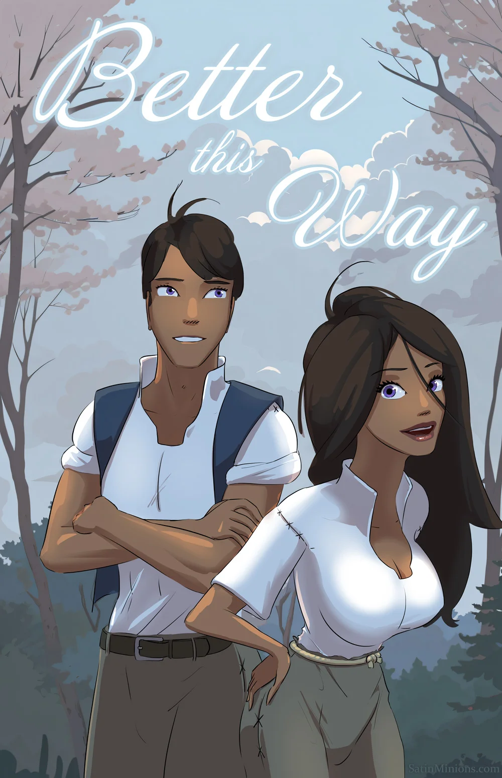 Cover: man and woman under cherry blossoms for Satin Minions comic Better This Way.