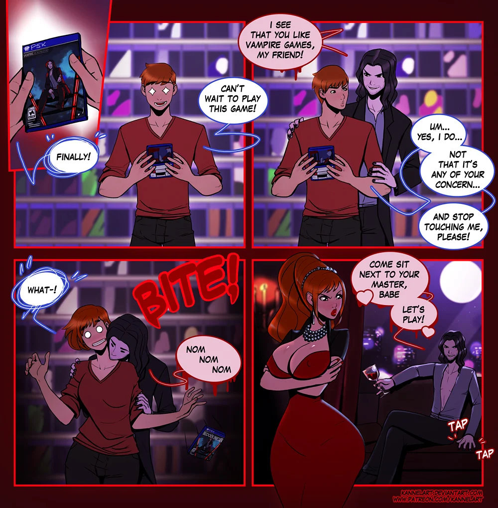 A vampire's bite turns a guy into his busty redheaded 'girlfriend' — KannelArt comic.
