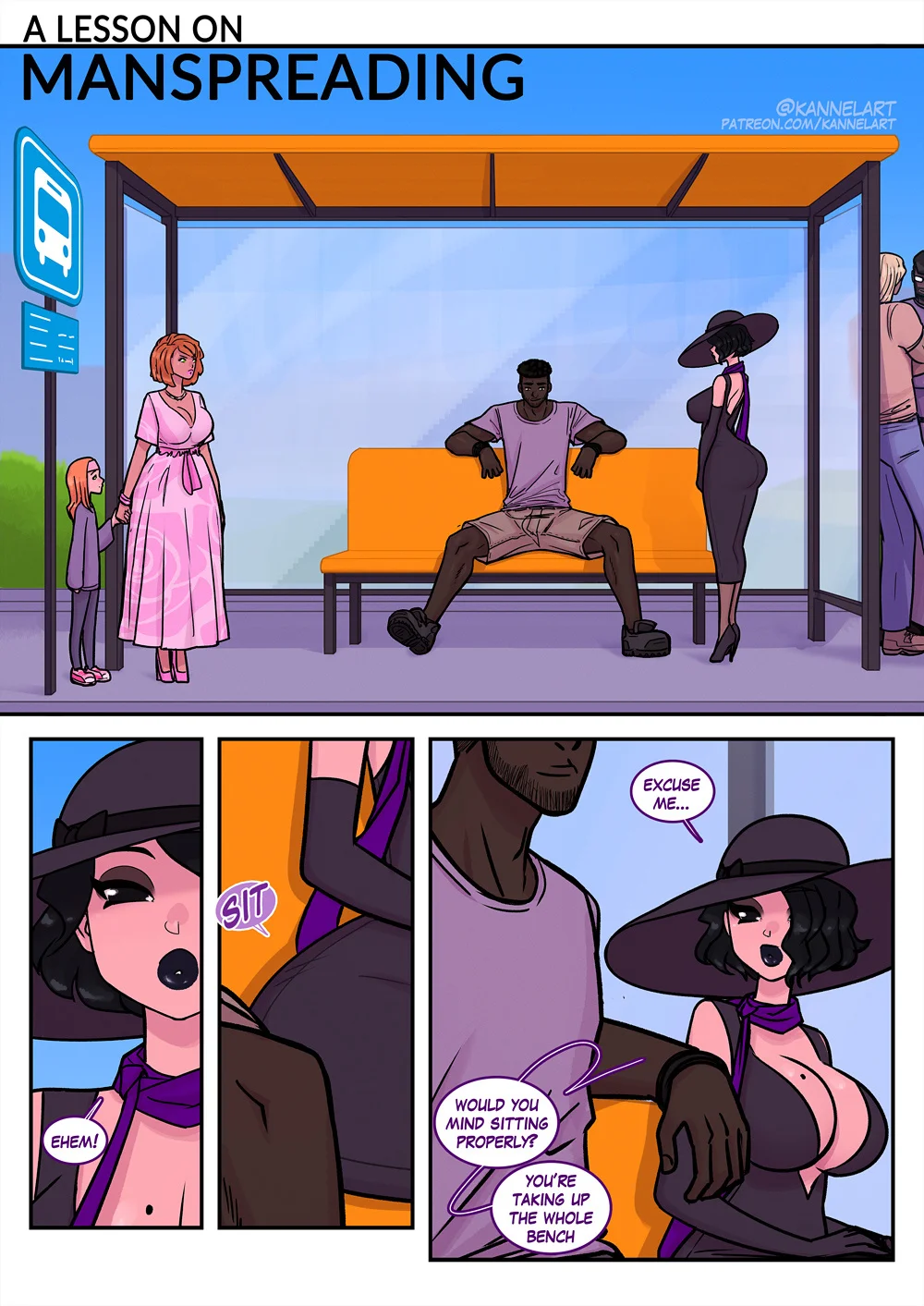 Comic: a manspreading guy is TFed into a pink-lingerie girl who masturbates for hours.