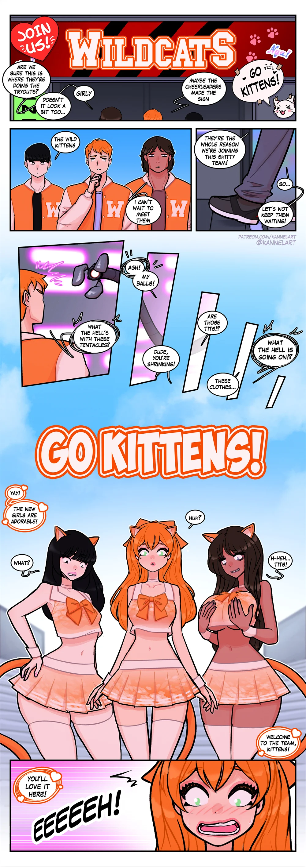 TF comic: three guys trying out for the team get tentacle-turned into busty catgirl cheerleaders.