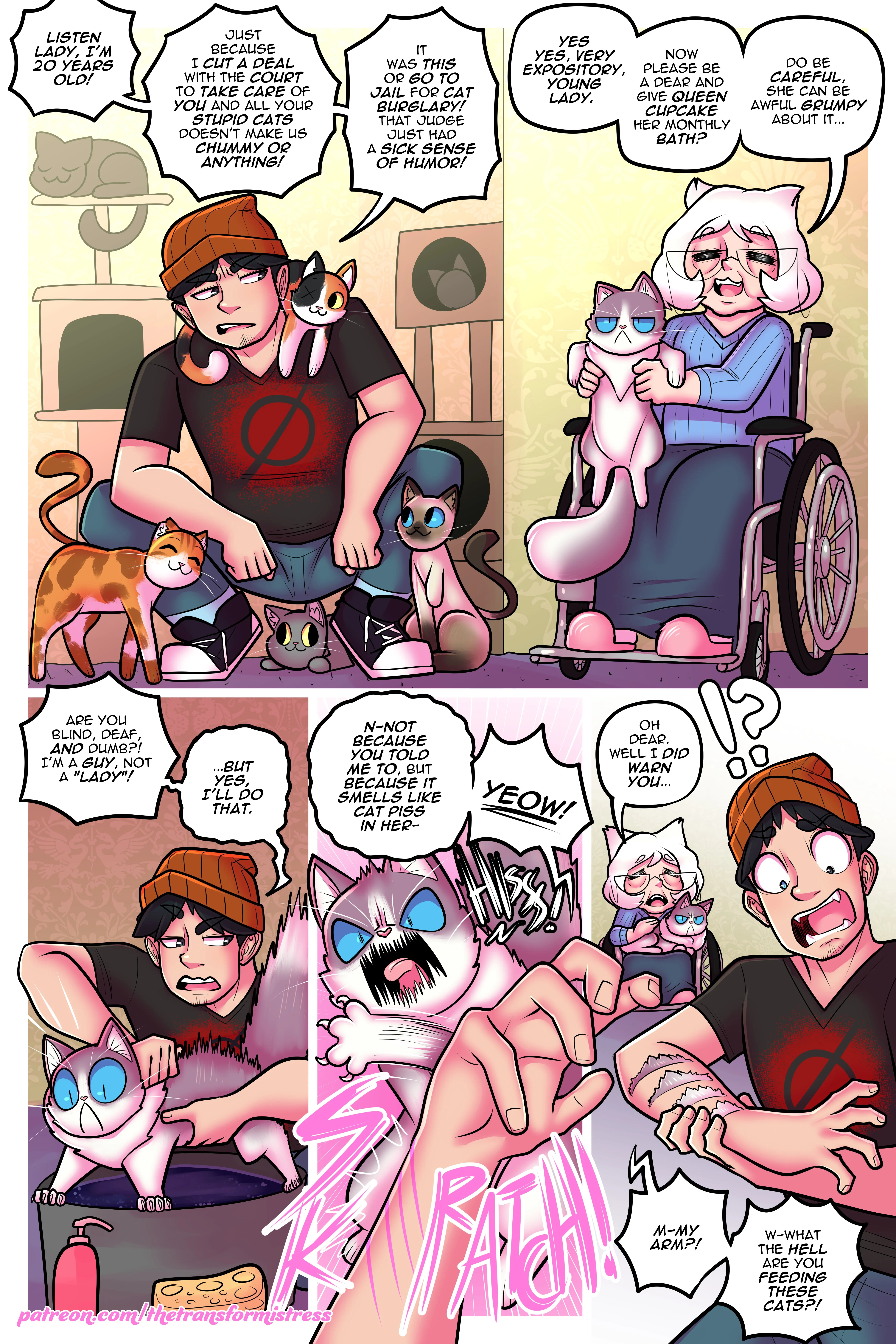 Comic: bad boy scratched by a cat becomes a thick pink catgirl with huge breasts and a fluffy tail.