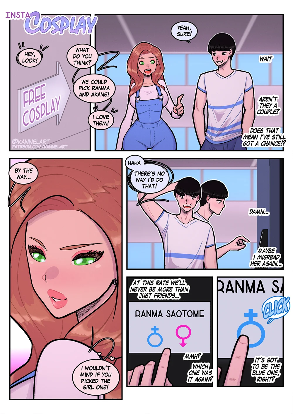 Comic: free Ranma cosplay booth TFs a guy into girl-Ranma who gets kissed by Akane.