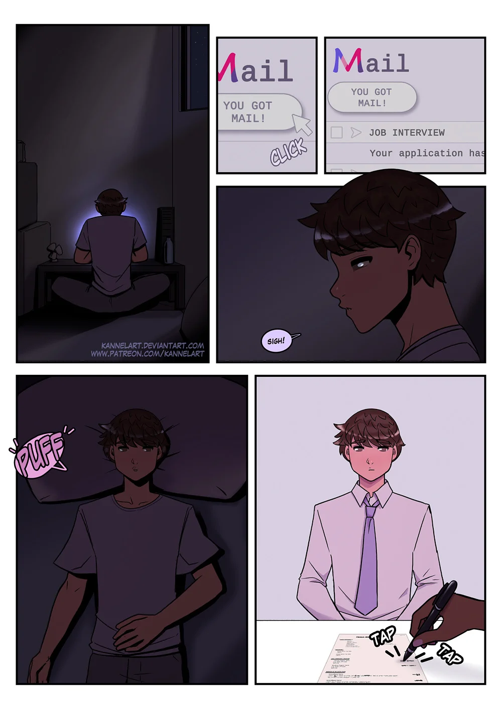 Comic: CYOA job path turns a guy into a pink-dress office girl who falls for her coworker.