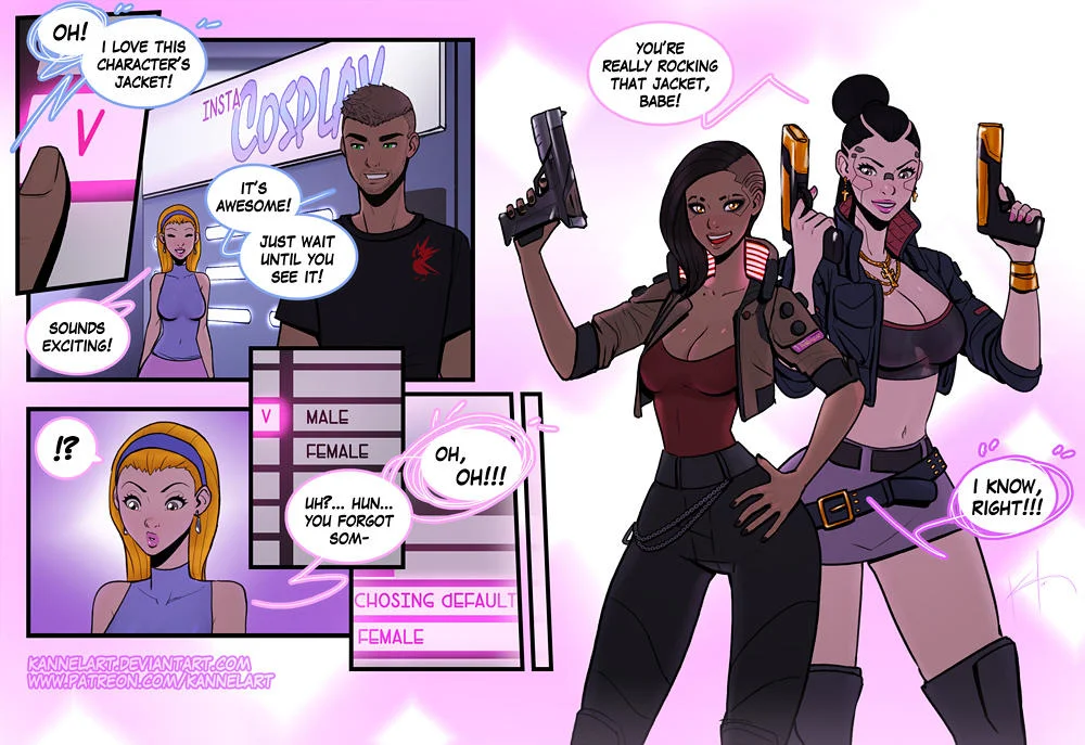 Comic: an Insta-Cosplay booth glitches and transforms a girl into V from Cyberpunk 2077.