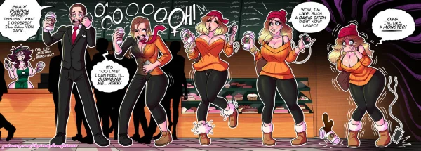 Coffee shop comic strip: man transforms into a pumpkin-spice blonde girl.