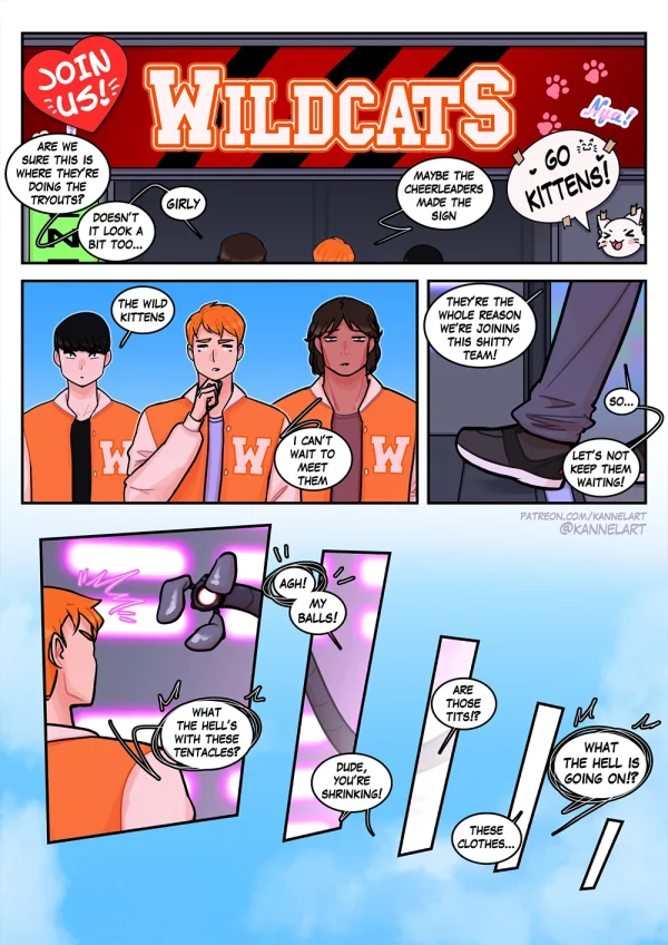 TF comic: three guys trying out for the team get tentacle-turned into busty catgirl cheerleaders.