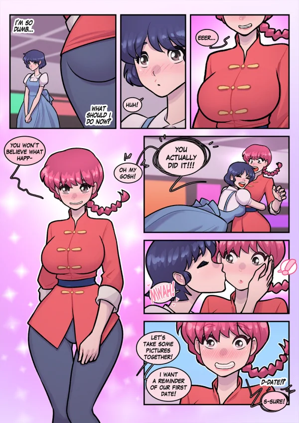 Comic: free Ranma cosplay booth TFs a guy into girl-Ranma who gets kissed by Akane.