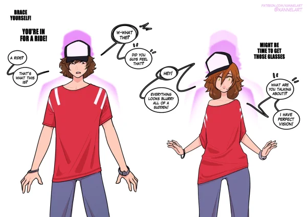 TF comic: a guy gets ZOAT'd into a busty orange-haired librarian with a fat ass and heart freckles.