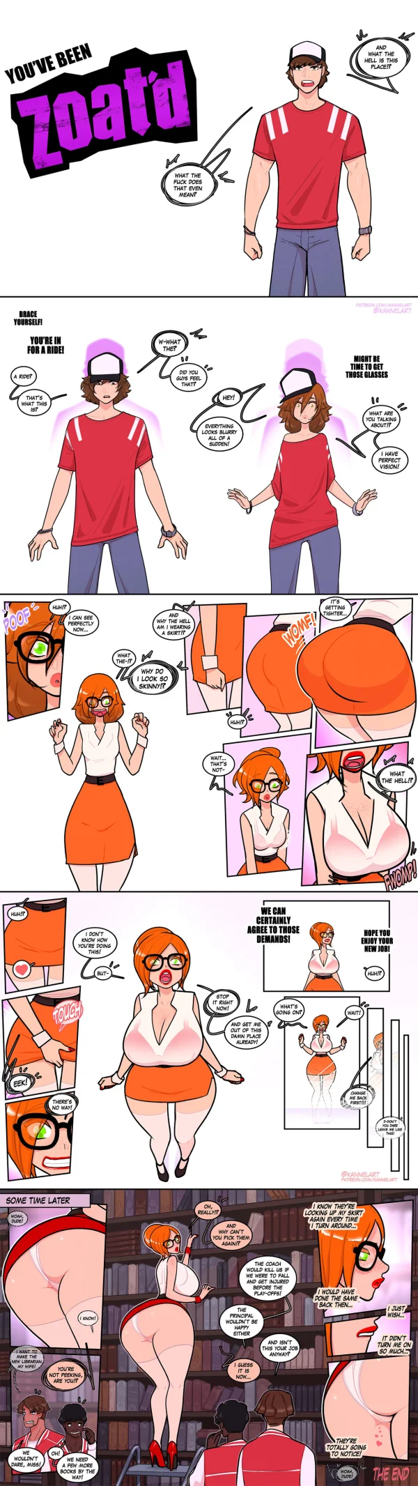 TF comic: a guy gets ZOAT'd into a busty orange-haired librarian with a fat ass and heart freckles.