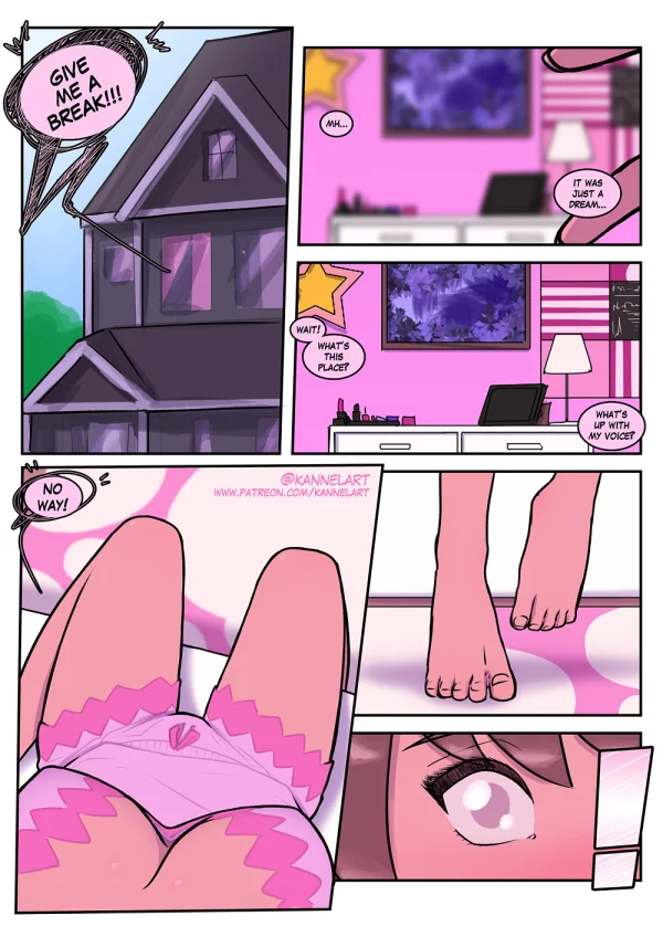 Comic: CYOA job path turns a guy into a pink-dress office girl who falls for her coworker.