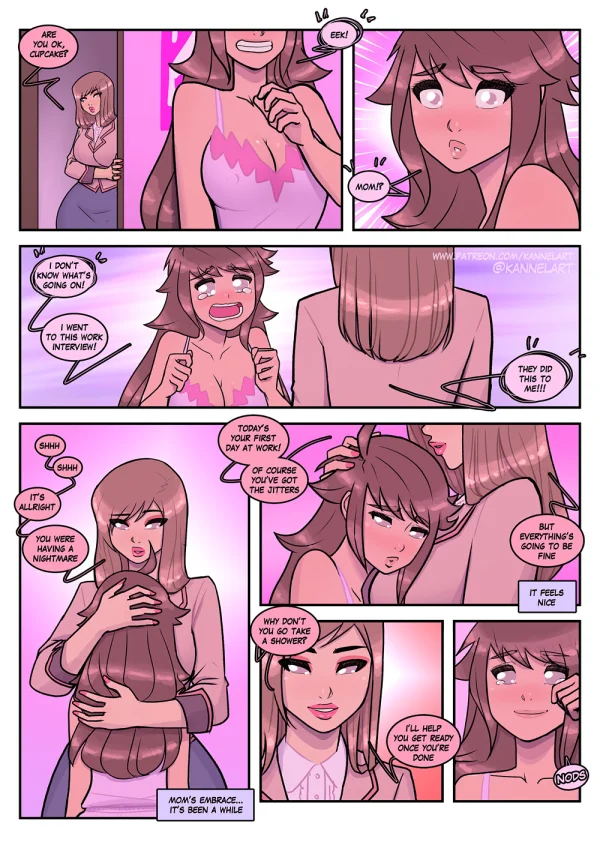 Comic: CYOA job path turns a guy into a pink-dress office girl who falls for her coworker.