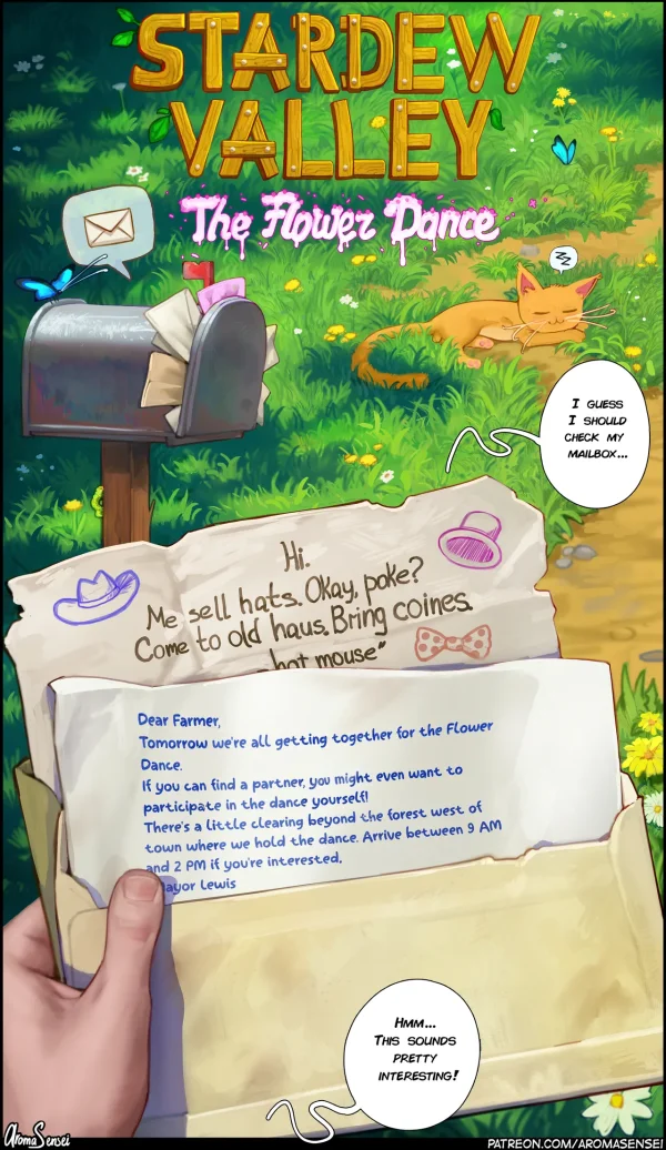 Stardew Valley comic: freckled blonde Haley as Flower Queen flirts with the farmer at the Flower Dance