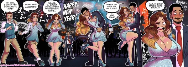 New Year party comic: man transforms into a curvy woman mid-dance.