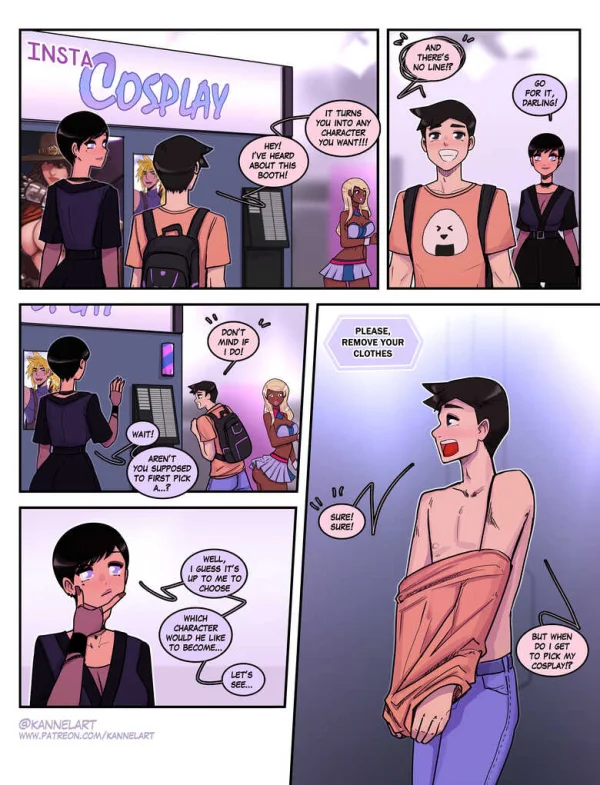 Comic: a convention booth transforms two guys into girl cosplay characters.