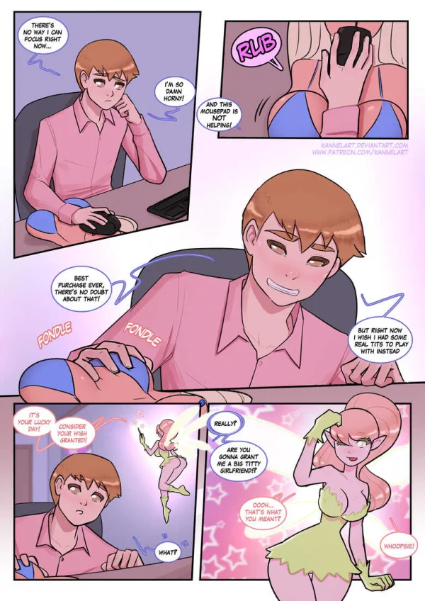 Comic: a guy wishes for tits to play with, and a fairy grants him a pair of his own instead.