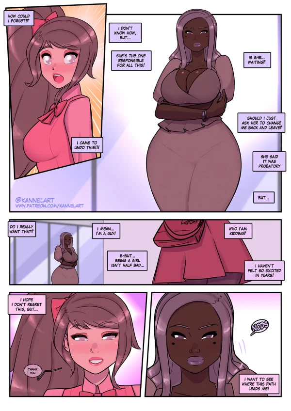Comic: a job contract turns a guy into a cute office girl with a feminine ass and a new wardrobe.