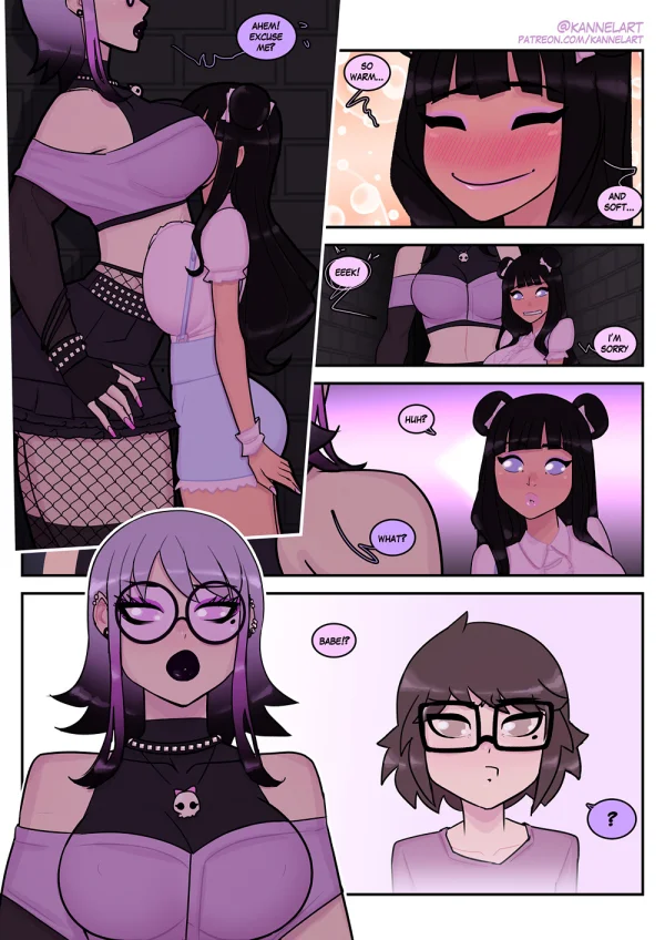 Comic: a UFO ZOAT turns a late guy into a lingerie girl who ends up nude with a purple-haired beauty.