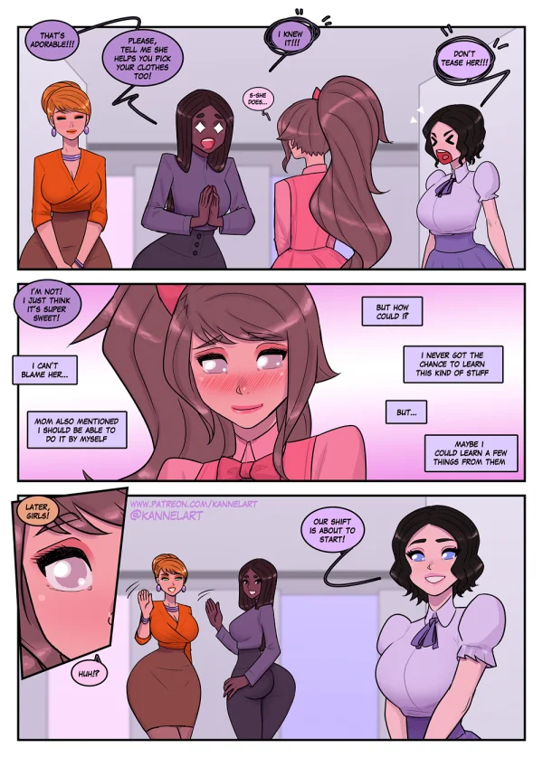 Comic: a job contract turns a guy into a cute office girl with a feminine ass and a new wardrobe.