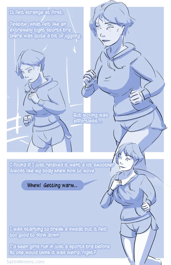 Cover: A New Fit title over a woman in a sports bra and shorts, Satin Minions comic.