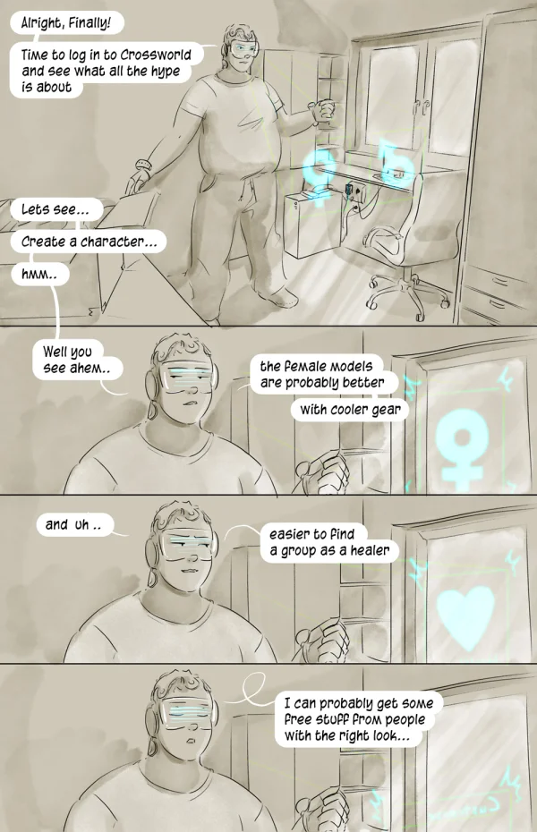 Cover: elf-eared VR avatar reaching out from a pod of cables, Satin Minions comic Crossworld VR.