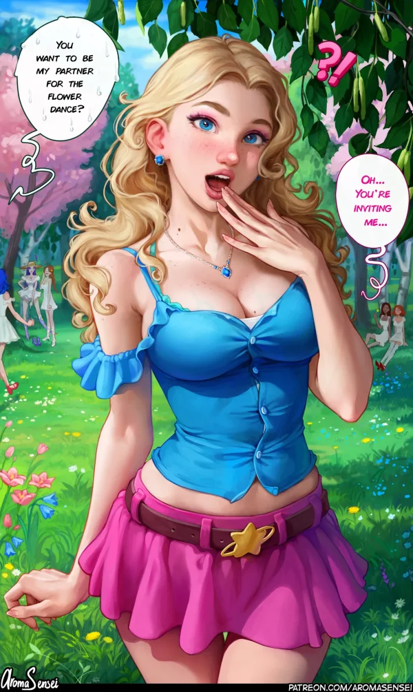Stardew Valley comic: freckled blonde Haley as Flower Queen flirts with the farmer at the Flower Dance