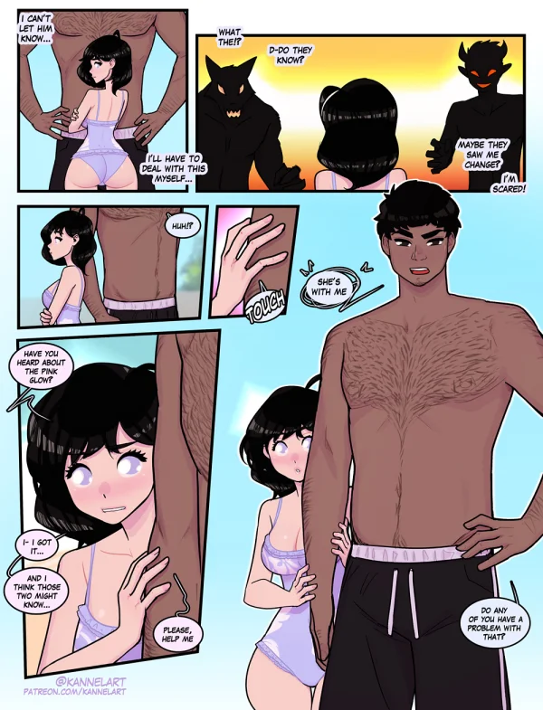 Beach pink-glow TF turns a guy into a short black-haired girl in purple lingerie who clings to her male friend.