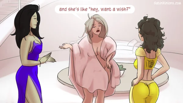 Cover: Path of the Genie part 2 over a sheer pink figure, Satin Minions comic.