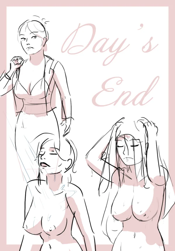 Day’s End cover: three sketch poses of a woman undressing for a Satin Minions comic.