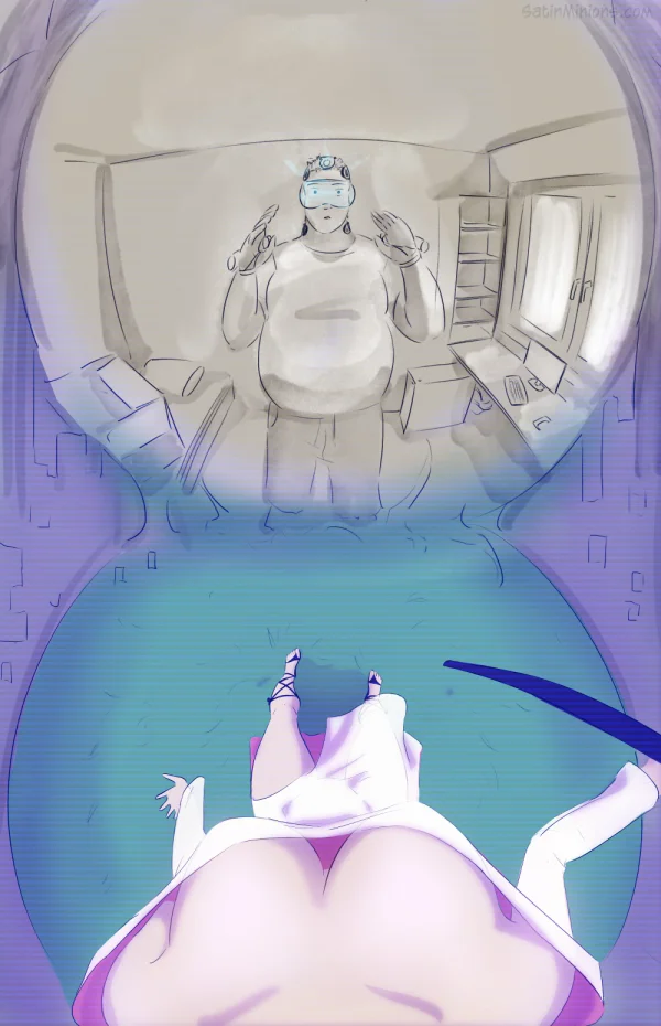 Cover: elf-eared VR avatar reaching out from a pod of cables, Satin Minions comic Crossworld VR.