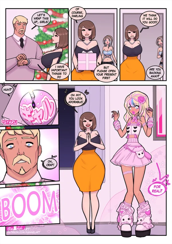 TF comic: a workaholic dad opens a Christmas gift and becomes a pink gyaru little sister.