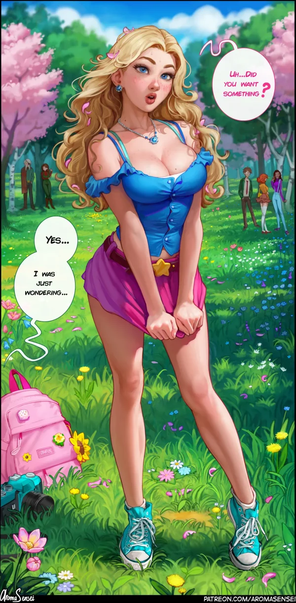 Stardew Valley comic: freckled blonde Haley as Flower Queen flirts with the farmer at the Flower Dance