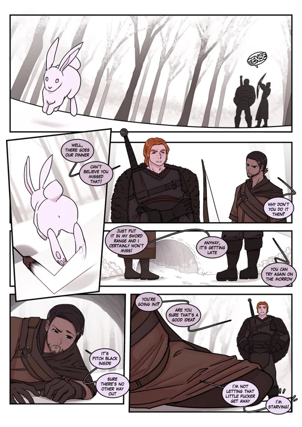 Comic: a hunter falls through a rabbit hole and becomes a nude dark-skinned bunny girl.