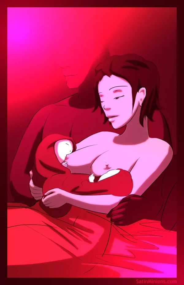 Illustration set: two women's journey from intimacy to pregnancy and the birth of twins.