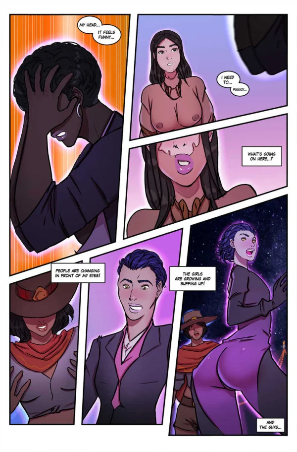 Comic: a Halloween party's costumes transform guests' bodies, guys included, ending in a group orgy.