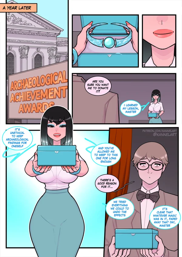 Comic page: explorer transformed into a chained concubine calling master.