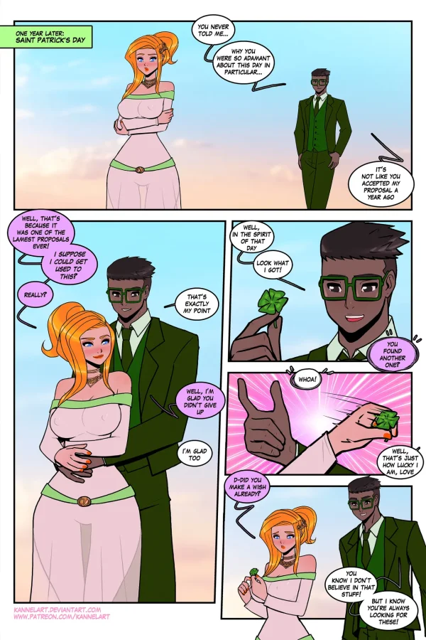 Comic: a guy's wish on a four-leaf clover turns his friend into his girlfriend.