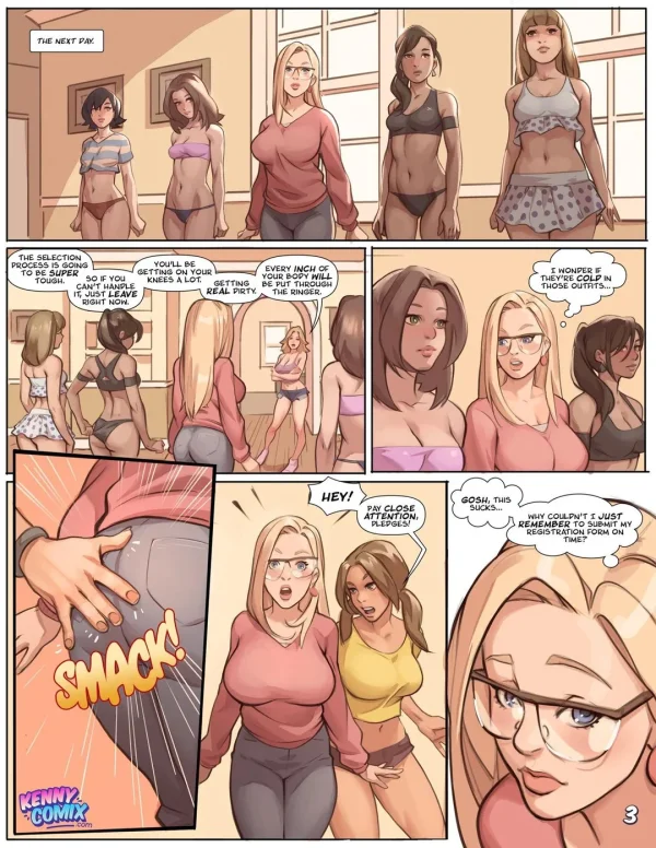 Cover: blonde pledge in a micro bikini before hooded men, Naughty Sorority comic.