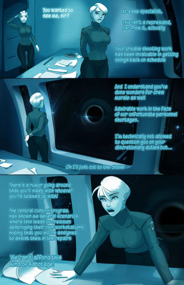 Cover: white-haired crew member holding a ration bar between two crewmates, Satin Minions comic Wetware: Network.