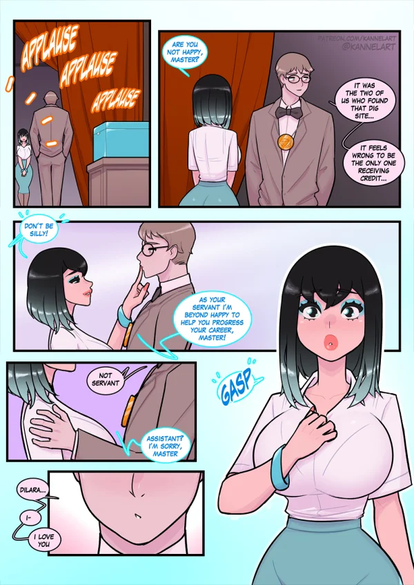Comic page: explorer transformed into a chained concubine calling master.