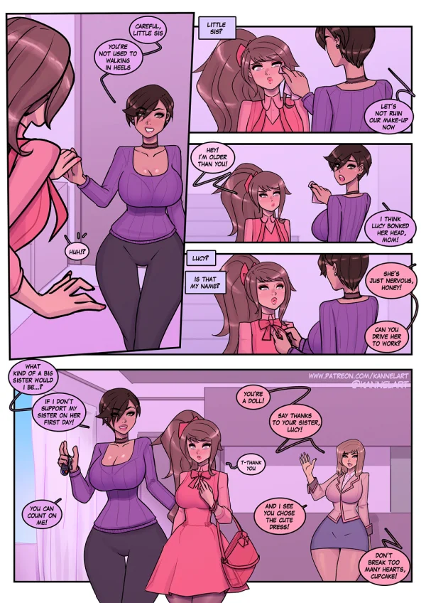 Comic: CYOA job path turns a guy into a pink-dress office girl who falls for her coworker.