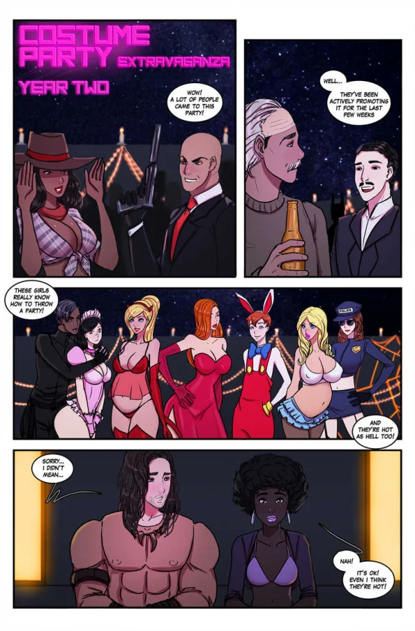 Comic: a Halloween party's costumes transform guests' bodies, guys included, ending in a group orgy.