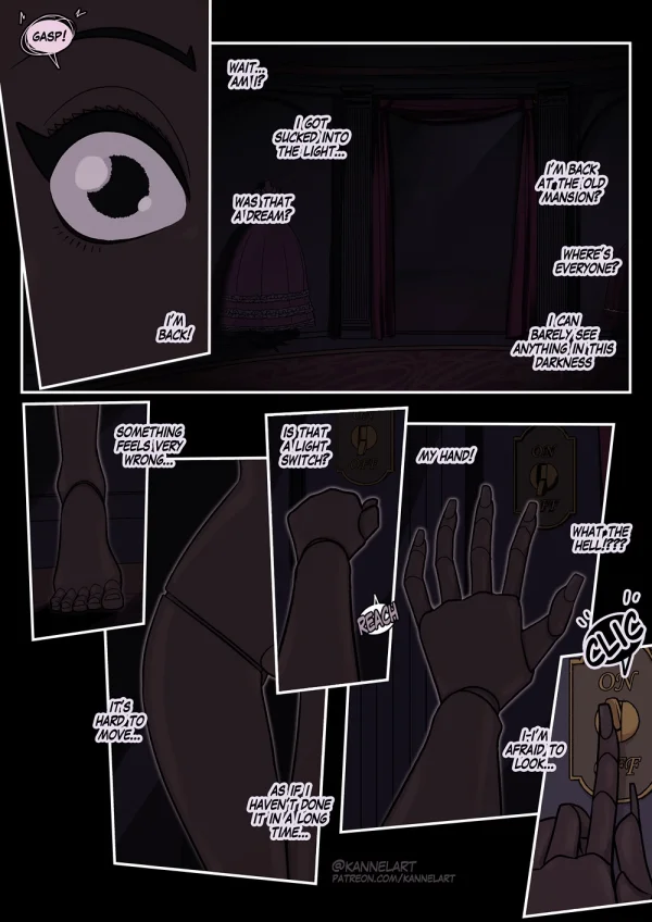 Comic: costume party magic turns friends into nude fantasy TF bodies — centaur, mermaid, slime girls.