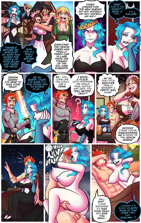 Comic page in which a construction worker is reborn as a curvy blue-haired demon queen, then discovers a potion has transformed the kingdom's men into women.